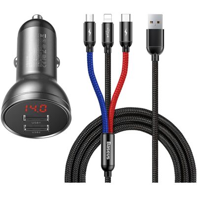 Baseus Digital Display Dual USB 4.8A Car Charger 24W with Three Primary Colors 3-in-1 Cable USB 1..., Adaptateur pour véhicule, Gris Baseus Digital Display Dual USB 4.8A Car Charger 24W with Three Primary Colors 3-in-1 Cable USB 1..., Adaptateur pour véhicule, Gris