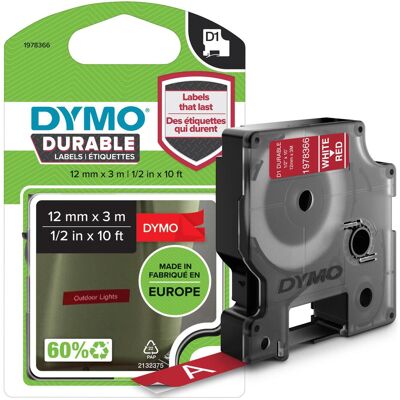 Dymo Ruban d'étiquetage, Ruban D1 original ""Durable"" pour LabelManager™ 12mm x 3m adhésif permanent - blanc sur (1.20 cm, Blanc, Rouge) Dymo Ruban d'étiquetage, Ruban D1 original ""Durable"" pour LabelManager™ 12mm x 3m adhésif permanent - blanc sur (1.20 cm, Blanc, Rouge)