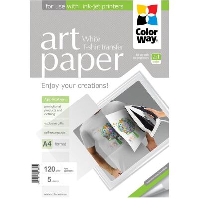 Colorway ART Photo Paper T-shirt transfer (white), A4, 120 g/m2, 5 sheets (120 g/m², A4, 5 pcs), Papier photo, Blanc Colorway ART Photo Paper T-shirt transfer (white), A4, 120 g/m2, 5 sheets (120 g/m², A4, 5 pcs), Papier photo, Blanc