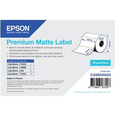 Epson Rouleau d’étiquettes, Étiquette de tapis de qualité supérieure 102 mm x 152 mm (102 mm) Epson Rouleau d’étiquettes, Étiquette de tapis de qualité supérieure 102 mm x 152 mm (102 mm)