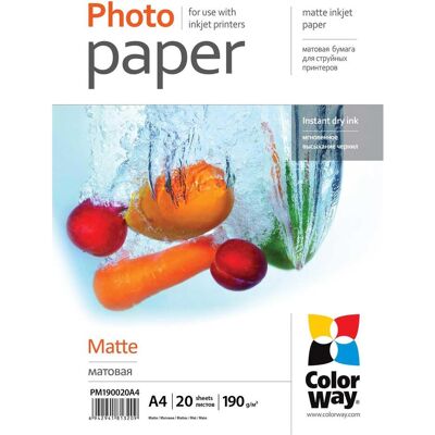 Colorway Papier photo mat, 20 feuilles, A4, 190 g/m (190 g/m², A4, 20 pcs), Papier photo, Blanc Colorway Papier photo mat, 20 feuilles, A4, 190 g/m (190 g/m², A4, 20 pcs), Papier photo, Blanc
