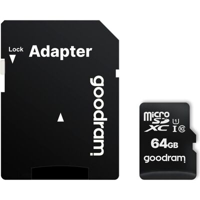 Goodram Microcarte M1AA + adaptateur (64 Go, microSDXC, U1, UHS-I), Carte mémoire, Noir Goodram Microcarte M1AA + adaptateur (64 Go, microSDXC, U1, UHS-I), Carte mémoire, Noir