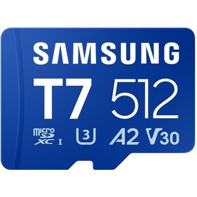 Samsung T7 (512 Go, microSDXC, U3, UHS-I), Carte mémoire, Bleu Samsung T7 (512 Go, microSDXC, U3, UHS-I), Carte mémoire, Bleu