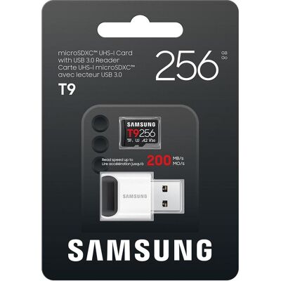 Samsung SD MicroSD Card 256GB SDXC T9 (2026) Reader retail (256 Go, microSDXC, U3, UHS-I), Carte mémoire, Noir Samsung SD MicroSD Card 256GB SDXC T9 (2026) Reader retail (256 Go, microSDXC, U3, UHS-I), Carte mémoire, Noir