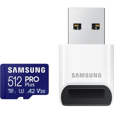 Samsung PRO Plus avec lecteur de carte USB (512 Go, microSDXC, U3, UHS-I), Carte mémoire, Bleu Samsung PRO Plus avec lecteur de carte USB (512 Go, microSDXC, U3, UHS-I), Carte mémoire, Bleu