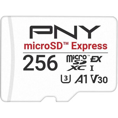 PNY Carte mémoire microSD Express de 256 Go P-SDU256P31880EXP-GE (256 Go, microSD Express, microSDXC, U3, UHS-I), Carte mémoire, Blanc PNY Carte mémoire microSD Express de 256 Go P-SDU256P31880EXP-GE (256 Go, microSD Express, microSDXC, U3, UHS-I), Carte mémoire, Blanc
