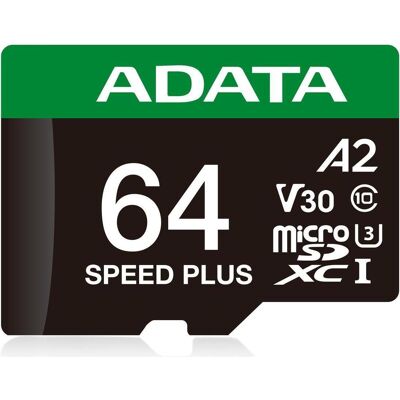 Adata microSD 64GB Speed Plus UHS-I U3 + adaptateur (64 Go, microSDXC, U3, UHS-I), Carte mémoire, Vert, Blanc, Noir Adata microSD 64GB Speed Plus UHS-I U3 + adaptateur (64 Go, microSDXC, U3, UHS-I), Carte mémoire, Vert, Blanc, Noir