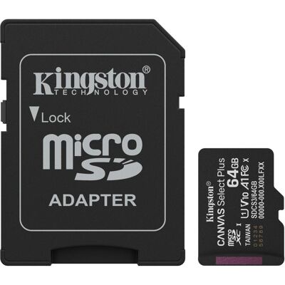 Kingston Canvas Select Plus (64 Go, microSDXC, SD, U1, UHS-I), Carte mémoire, Noir Kingston Canvas Select Plus (64 Go, microSDXC, SD, U1, UHS-I), Carte mémoire, Noir