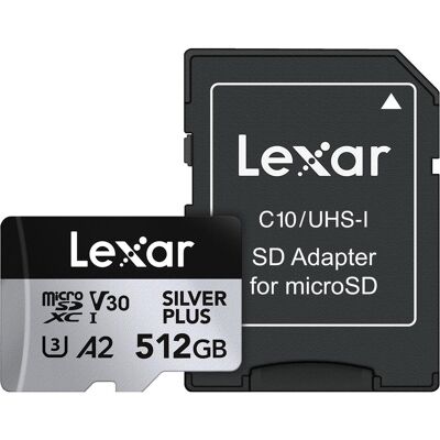 Lexar Professional Silver Plus (512 Go, microSDXC, U3, UHS-I), Carte mémoire, Argent, Noir Lexar Professional Silver Plus (512 Go, microSDXC, U3, UHS-I), Carte mémoire, Argent, Noir
