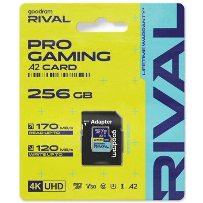 Goodram microSDXC 256GB V30 A2 UHS I U3 RIVAL + adapter (256 Go, microSDXC, U3, UHS-I), Carte mémoire, Bleu Goodram microSDXC 256GB V30 A2 UHS I U3 RIVAL + adapter (256 Go, microSDXC, U3, UHS-I), Carte mémoire, Bleu