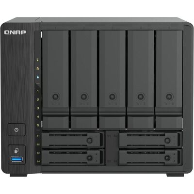 QNAP NAS hybride à 9 baies, 5 disques SATA 3,5 pouces + 4 disques NVMe U.2 2,5 pouces, processeur Intel, NAS, Noir QNAP NAS hybride à 9 baies, 5 disques SATA 3,5 pouces + 4 disques NVMe U.2 2,5 pouces, processeur Intel, NAS, Noir
