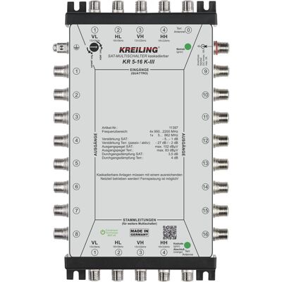 Kreiling Commutateur multiple cascadable 4+1 entrées, 16 sorties. KR 5-16 K-III (Multi commutateur), Parabole : accessoires Kreiling Commutateur multiple cascadable 4+1 entrées, 16 sorties. KR 5-16 K-III (Multi commutateur), Parabole : accessoires