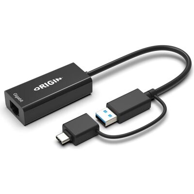 Origin Storage USB3.0 ou USB-C (avec adaptateur USB-C mâle vers USB3.0 femelle) vers adaptateur RJ45 Gigabit (USB 3.0, USB-C), Adaptateur réseau, Noir Origin Storage USB3.0 ou USB-C (avec adaptateur USB-C mâle vers USB3.0 femelle) vers adaptateur RJ45 Gigabit (USB 3.0, USB-C), Adaptateur réseau, Noir