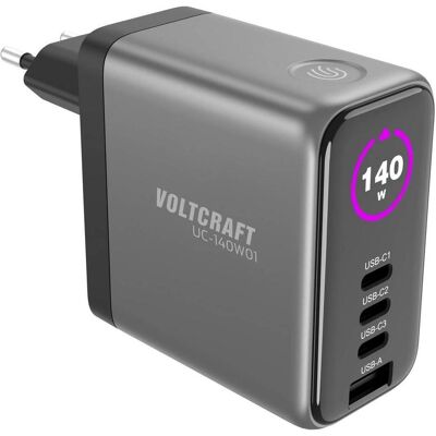 Voltcraft UC-140W01 Chargeur USB 1x USB-A, 3x USB-C USB PD Noir GaN, USB (140 W, 4 ports), Chargeur USB, Noir Voltcraft UC-140W01 Chargeur USB 1x USB-A, 3x USB-C USB PD Noir GaN, USB (140 W, 4 ports), Chargeur USB, Noir