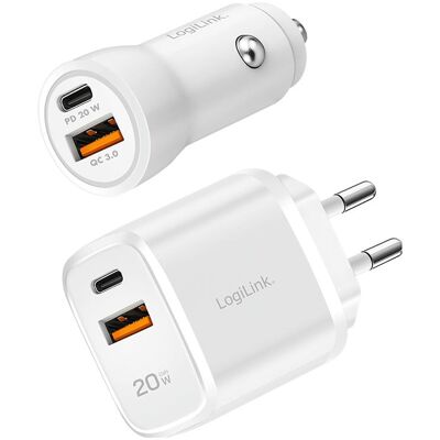 LogiLink USB-Ladeset, 20 W, 1x Kfz- & 1x Steckdosenadapter, je 1x USB-A+USB-C, weiss (20 W, 2 ports), Chargeur USB, Blanc LogiLink USB-Ladeset, 20 W, 1x Kfz- & 1x Steckdosenadapter, je 1x USB-A+USB-C, weiss (20 W, 2 ports), Chargeur USB, Blanc