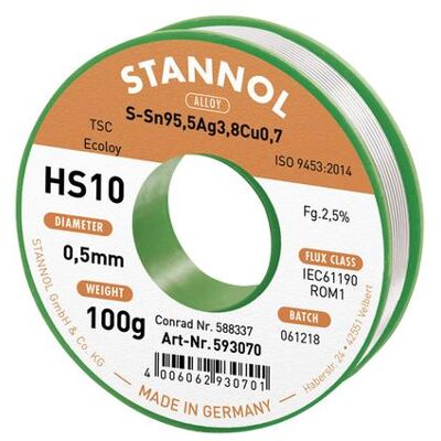 Fil à souder sans plomb HS10 2510 - Sn95.5Ag3.8Cu0.7 - 0.5mm - 100g Fil à souder sans plomb HS10 2510 - Sn95.5Ag3.8Cu0.7 - 0.5mm - 100g