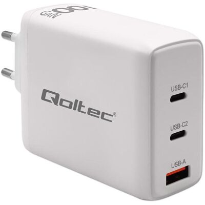 Qoltec Chargeur mural GaN 100W 5-20V 1 5-5 A 2 x USB-C PD 1 x USB QC 3.0 Blanc (100 W, 3 ports), Chargeur USB, Blanc Qoltec Chargeur mural GaN 100W 5-20V 1 5-5 A 2 x USB-C PD 1 x USB QC 3.0 Blanc (100 W, 3 ports), Chargeur USB, Blanc