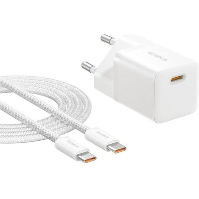 Baseus Fast Charger GaN5 mini 1C, 25W + cable (white) (25 W, 1 portion), Chargeur USB, Blanc Baseus Fast Charger GaN5 mini 1C, 25W + cable (white) (25 W, 1 portion), Chargeur USB, Blanc