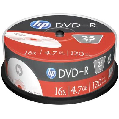 HP DVD-R 4.7GB/120Min/16x Cakebox (25 disques) (25x), Support de données optiques HP DVD-R 4.7GB/120Min/16x Cakebox (25 disques) (25x), Support de données optiques