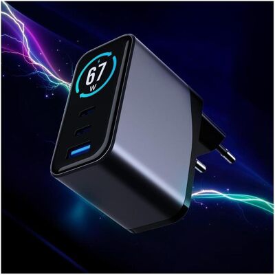 3MK Network charger InCharge Lumin PD 67W QC4+ PPS AFC FCP SCP USB-A 2xUSB-C TFT with display black (67 W, 3 ports), Chargeur USB, Noir 3MK Network charger InCharge Lumin PD 67W QC4+ PPS AFC FCP SCP USB-A 2xUSB-C TFT with display black (67 W, 3 ports), Chargeur USB, Noir
