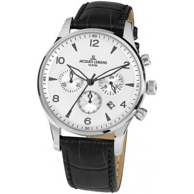 Jacques Lemans, Montre, Classic London, Noir, Argent, (Chronographe, Horloge analogique, 40 mm) Jacques Lemans, Montre, Classic London, Noir, Argent, (Chronographe, Horloge analogique, 40 mm)