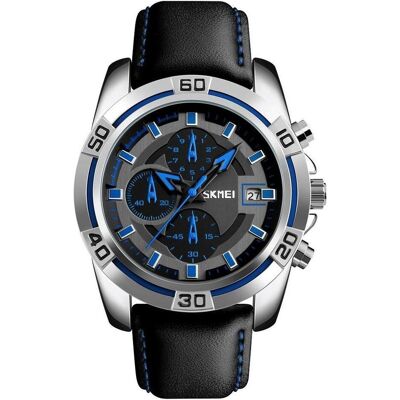 Skmei, Montre, 9156SIBU Herrenuhr + BOX, Bleu, Noir, Argent, (Chronographe, Horloge analogique, 46 mm) Skmei, Montre, 9156SIBU Herrenuhr + BOX, Bleu, Noir, Argent, (Chronographe, Horloge analogique, 46 mm)