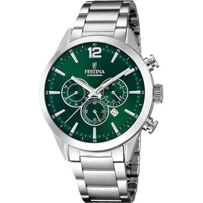 Festina, Montre, Cronografo Cinturino Acciaio Quadrante Verde, Argent, Vert, (Chronographe, Horloge analogique, 44 mm) Festina, Montre, Cronografo Cinturino Acciaio Quadrante Verde, Argent, Vert, (Chronographe, Horloge analogique, 44 mm)