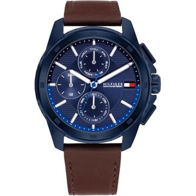 Tommy Hilfiger, Montre, Walker Herrenuhr 1710632 + BOX, Bleu, Marron, (Chronographe, Horloge analogique, 44 mm) Tommy Hilfiger, Montre, Walker Herrenuhr 1710632 + BOX, Bleu, Marron, (Chronographe, Horloge analogique, 44 mm)