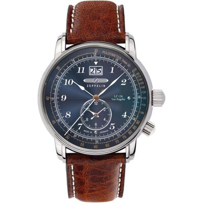 Zeppelin, Montre, Los Angeles, Argent, Marron, Bleu, (Chronographe, Horloge analogique, 42 mm) Zeppelin, Montre, Los Angeles, Argent, Marron, Bleu, (Chronographe, Horloge analogique, 42 mm)
