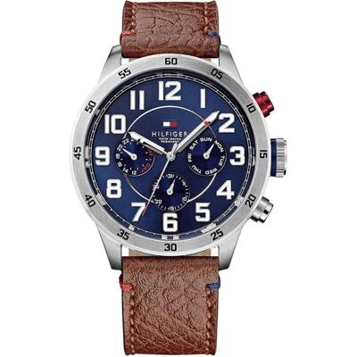 Tommy Hilfiger, Montre, Trent, Bleu, Marron, (Chronographe, Horloge analogique, 46 mm) Tommy Hilfiger, Montre, Trent, Bleu, Marron, (Chronographe, Horloge analogique, 46 mm)