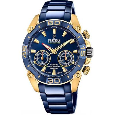Festina, Montre, Chrono Bike Connected Hybrid, Bleu, Or, (Chronographe, Horloge analogique, 45.50 mm) Festina, Montre, Chrono Bike Connected Hybrid, Bleu, Or, (Chronographe, Horloge analogique, 45.50 mm)