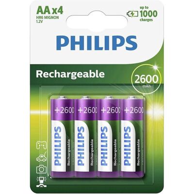 Philips Pile rechargeable LR6 (AA) (4 pcs, AA, 2600 mAh), Batteries + piles Philips Pile rechargeable LR6 (AA) (4 pcs, AA, 2600 mAh), Batteries + piles