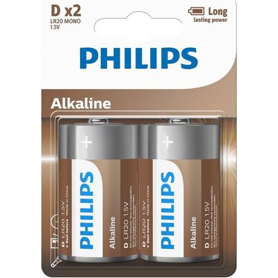 Philips ALKALINE PILA D LR20 BLISTER*2 (2 pcs, D), Batteries + piles Philips ALKALINE PILA D LR20 BLISTER*2 (2 pcs, D), Batteries + piles