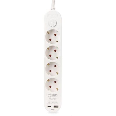 EDM, Multiprise, Steckdosenleiste mit 4 Steckdosen mit Schalter 41823 Weiss 3680 W 250 V 30 W (1,5 m) (4x, CEE 7/3, USB-A, USB-C, 1.50 m) EDM, Multiprise, Steckdosenleiste mit 4 Steckdosen mit Schalter 41823 Weiss 3680 W 250 V 30 W (1,5 m) (4x, CEE 7/3, USB-A, USB-C, 1.50 m)