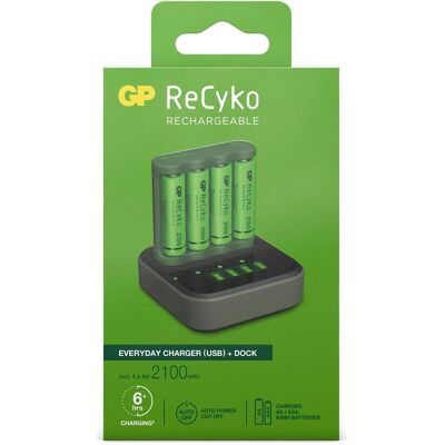 GP Batteries ReCyko B4D45 Station d'accueil LCD 4 ports + 4x AA NiMh 2100mAh (4 pcs, AA, AAA, Piles rechargeables + chargeur), Chargeur de batterie GP Batteries ReCyko B4D45 Station d'accueil LCD 4 ports + 4x AA NiMh 2100mAh (4 pcs, AA, AAA, Piles rechargeables + chargeur), Chargeur de batterie