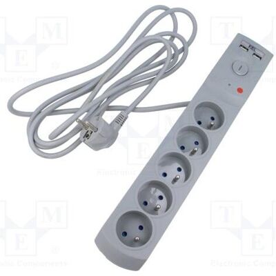 Plastrol, Multiprise, Multiprise avec protection contre les surtensions, 5 prises + 2 ports USB, 3 m, grise, 10 A, 2 300 (5x, CEE 7/3, 3 m) Plastrol, Multiprise, Multiprise avec protection contre les surtensions, 5 prises + 2 ports USB, 3 m, grise, 10 A, 2 300 (5x, CEE 7/3, 3 m)