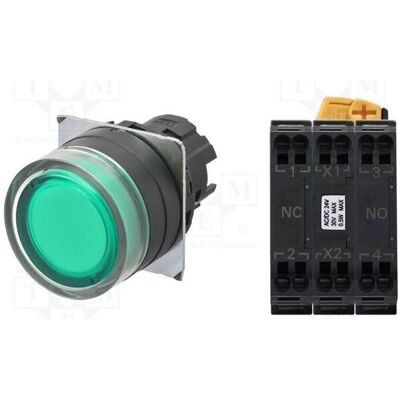 Omron Interrupteur : bouton-poussoir 22 mm, position stabilisée : 2 contacts à ouverture (NC) + 1 contact, Bouton + interrupteur, Vert Omron Interrupteur : bouton-poussoir 22 mm, position stabilisée : 2 contacts à ouverture (NC) + 1 contact, Bouton + interrupteur, Vert