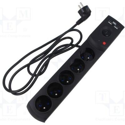 Plastrol, Multiprise, Multiprise avec protection contre les surtensions, 5 prises + 2 ports USB, 5 m, noire, 10 A, 2 300 (5x, 5 m) Plastrol, Multiprise, Multiprise avec protection contre les surtensions, 5 prises + 2 ports USB, 5 m, noire, 10 A, 2 300 (5x, 5 m)