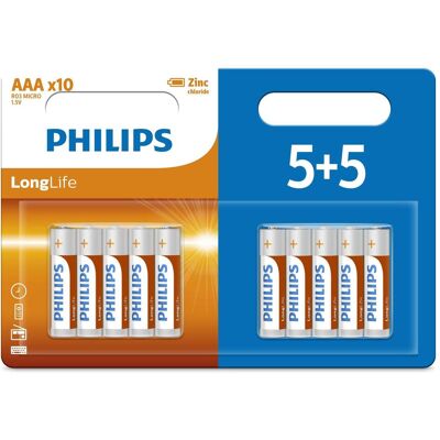 Philips Baterie R03L10BP/10 LongLife AAA 5+5 ks (10 pcs, AAA), Batteries + piles Philips Baterie R03L10BP/10 LongLife AAA 5+5 ks (10 pcs, AAA), Batteries + piles