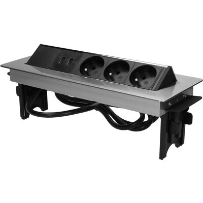 Orno, Multiprise, Prise de meuble encastrée dans le plateau de table dans un boîtier nickelé avec chargeur USB et 1,8 (3x, CEE 7/3, USB-A, 1.80 m) Orno, Multiprise, Prise de meuble encastrée dans le plateau de table dans un boîtier nickelé avec chargeur USB et 1,8 (3x, CEE 7/3, USB-A, 1.80 m)
