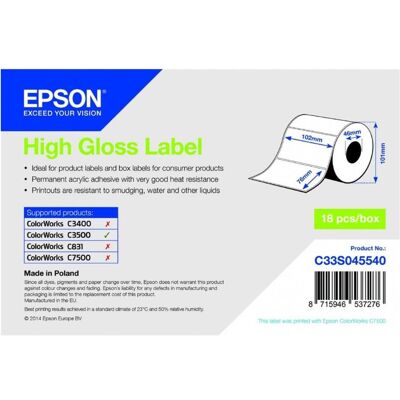 Epson Rouleau d’étiquettes, Étiquette haute brillance 102 mm x 76 mm (102 mm) Epson Rouleau d’étiquettes, Étiquette haute brillance 102 mm x 76 mm (102 mm)