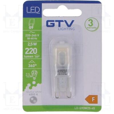 GTV Żarówka LED LD-G93W25-45 2,5W G9 SMD 2835 ściemnialna 220lm 4000K barwa neutralna, Carte TV GTV Żarówka LED LD-G93W25-45 2,5W G9 SMD 2835 ściemnialna 220lm 4000K barwa neutralna, Carte TV