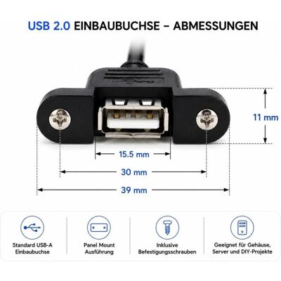 PowerGuard USB 2.0 Panel Mount Extension Cable USB-A Female to USB-A Male 0.5m (0.50 m, USB 2.0), Câble USB PowerGuard USB 2.0 Panel Mount Extension Cable USB-A Female to USB-A Male 0.5m (0.50 m, USB 2.0), Câble USB