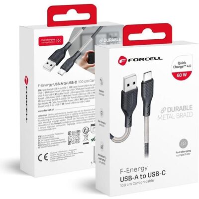 Forcell Cable Cable USB A to USB C F-Energy QC4.0 5A 60W Carbon 1 m CB-02A black (1 m, USB 2.0, 60 W), Câble USB Forcell Cable Cable USB A to USB C F-Energy QC4.0 5A 60W Carbon 1 m CB-02A black (1 m, USB 2.0, 60 W), Câble USB