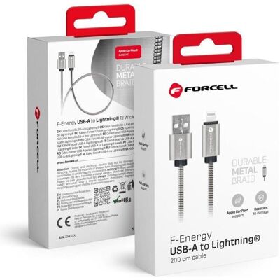 Forcell Cable F-ENERGY Metal C236 cable USB A to Lightning 2,4A 12W 2 m silver (2 m, USB 3.2 Gen 1, 12 W), Câble USB Forcell Cable F-ENERGY Metal C236 cable USB A to Lightning 2,4A 12W 2 m silver (2 m, USB 3.2 Gen 1, 12 W), Câble USB