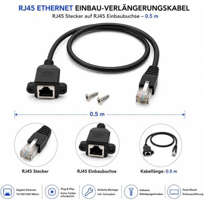 PowerGuard RJ45 Ethernet Panel Mount Extension Cable RJ45 Male to Female 0.5m, Câble vidéo, Noir PowerGuard RJ45 Ethernet Panel Mount Extension Cable RJ45 Male to Female 0.5m, Câble vidéo, Noir