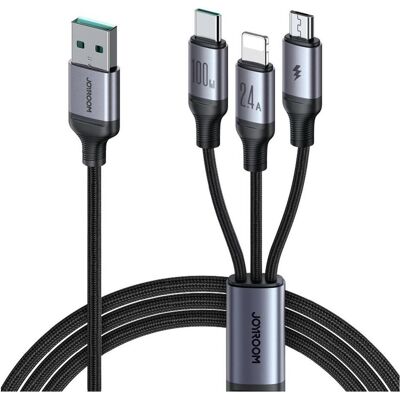 Joyroom SA21-1T3 Speedy Series 100W 3-in-1 Fast Charging Cable (USB-A to L+C+M) 1.2m-Black (1.20 m, USB 3.2 Gen 1, 100 W), Câble USB Joyroom SA21-1T3 Speedy Series 100W 3-in-1 Fast Charging Cable (USB-A to L+C+M) 1.2m-Black (1.20 m, USB 3.2 Gen 1, 100 W), Câble USB