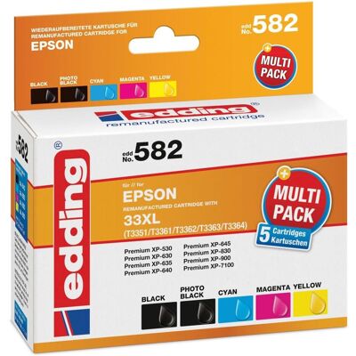 Cartouches d'Encre Multicolores edding - Compatible avec Epson 33XL - Pack de 5 Cartouches d'Encre Multicolores edding - Compatible avec Epson 33XL - Pack de 5