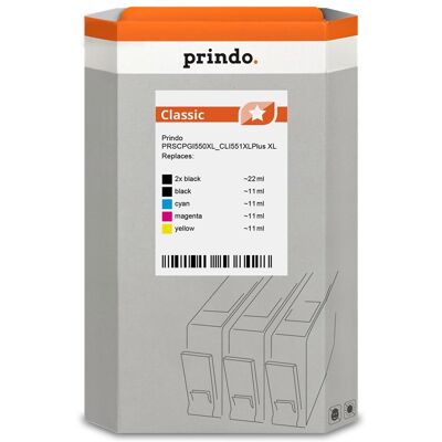 Prindo, Cartouche d'impression, compatible avec Canon 2x PGI-550pgbkXL+CLI-551XL /// (C, CF, M, Y) Prindo, Cartouche d'impression, compatible avec Canon 2x PGI-550pgbkXL+CLI-551XL /// (C, CF, M, Y)