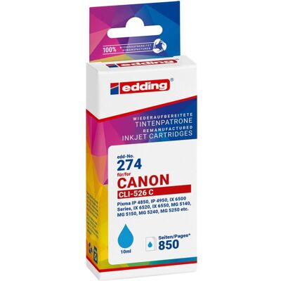 Edding, Cartouche d'impression, Cartouche Remplace Canon CLI-526C Compatible Cyan EDD-274 18-274-01 (C) Edding, Cartouche d'impression, Cartouche Remplace Canon CLI-526C Compatible Cyan EDD-274 18-274-01 (C)